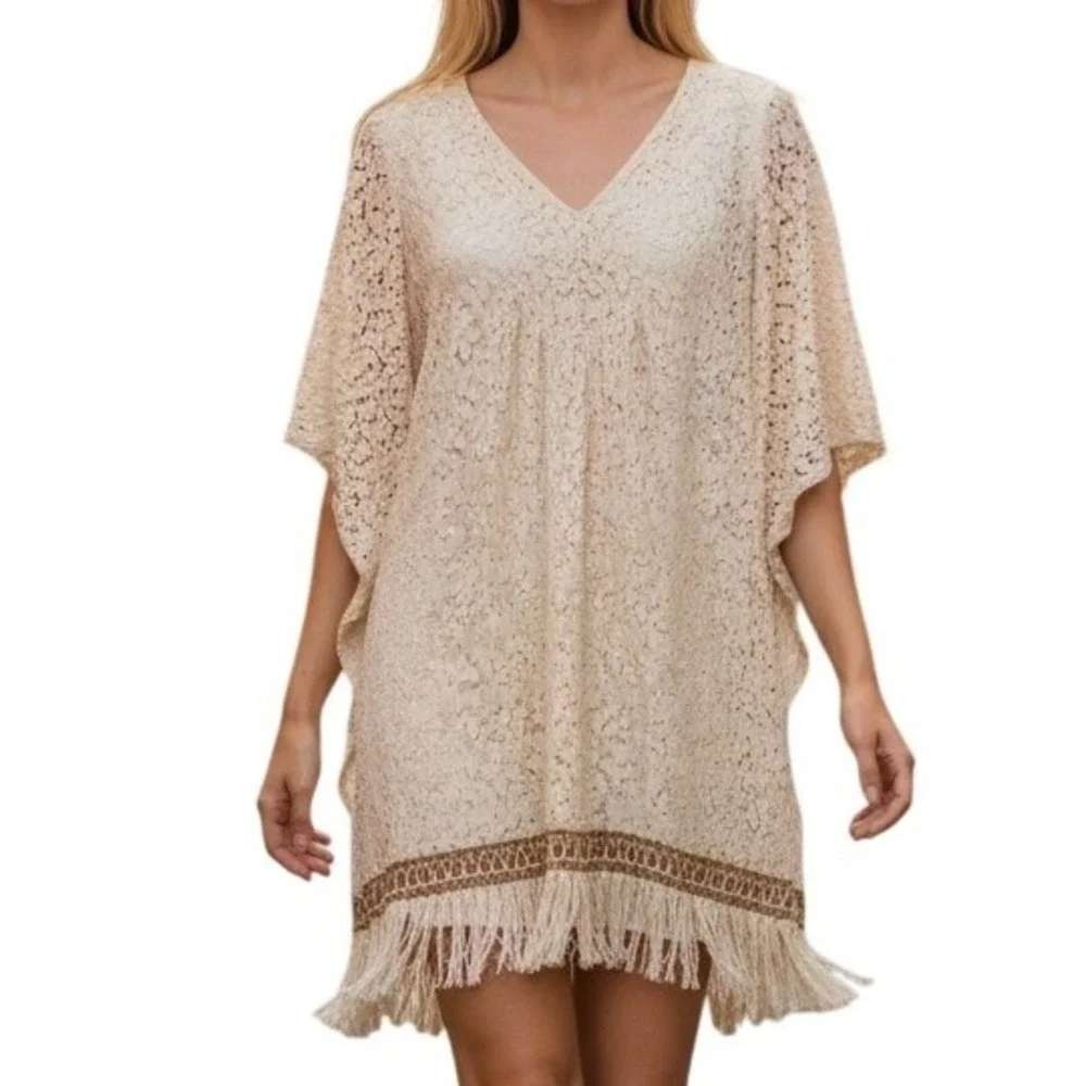 BUDDYLOVE Cream Floral Lace Kaftan Dress Fringe Hem Boho Kimono Sleeve EUC Small